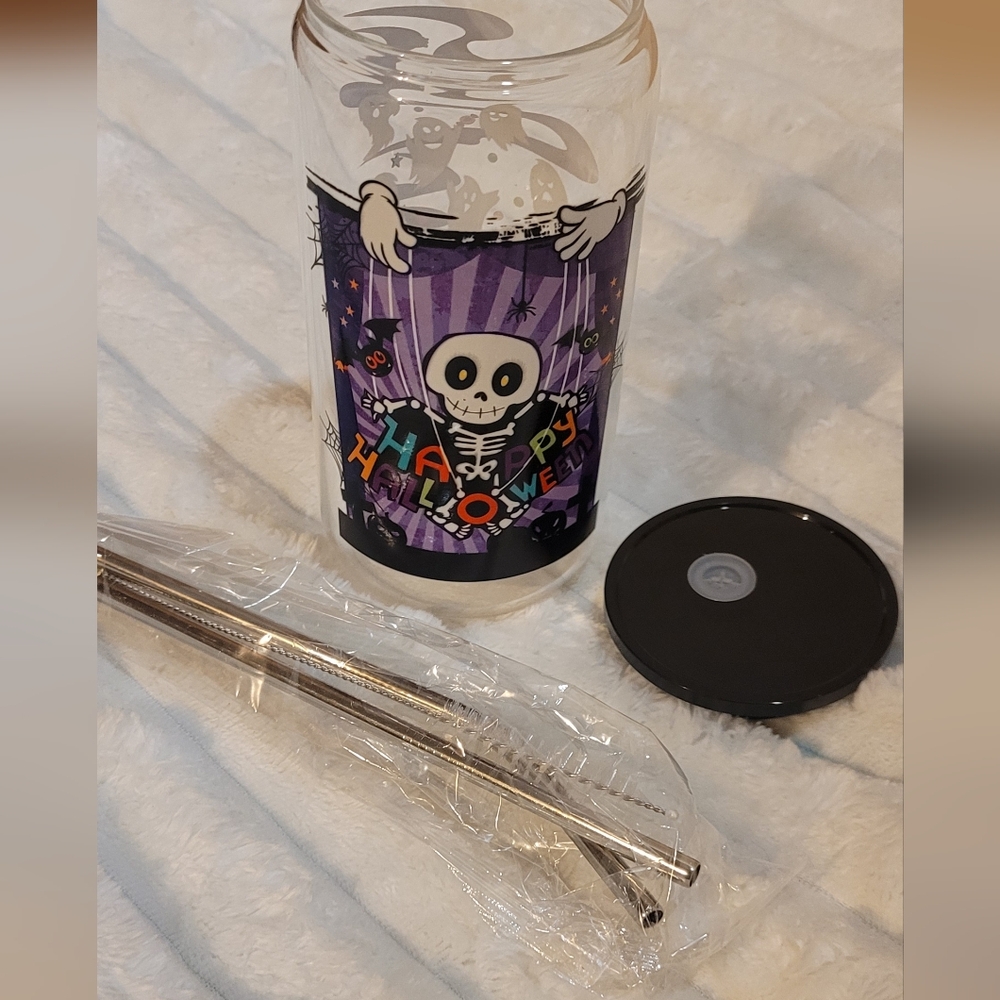 Cocoa Inspired Skeleton Glass Cup Tumbler with 2 Straws And Brush, Halloween
